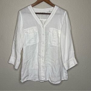 Orvis White Linen V-Neck Button-Front Shirt Women's Large